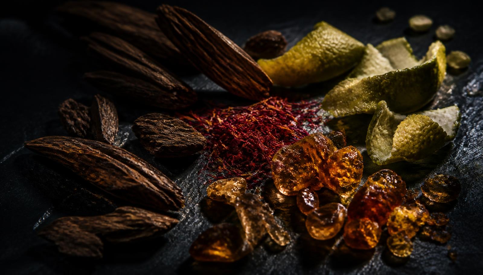 Saffron threads, oud wood chips, bergamot peel and amber resin on black slate